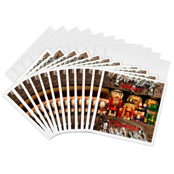 3drose, Image of Nutcracker Men Lineup on Country Dark Wood Merry Christmas, 12 Greeting Cards with Envelopes