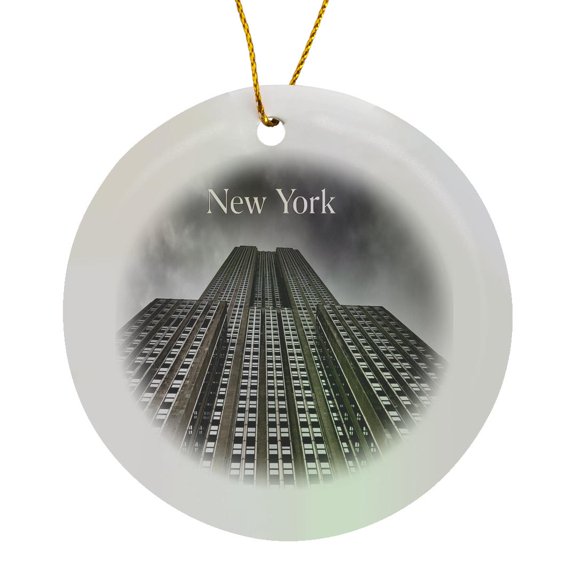 3drose, Image of Nyc Skyscraper in Sepia, Circle Porcelain Ornament