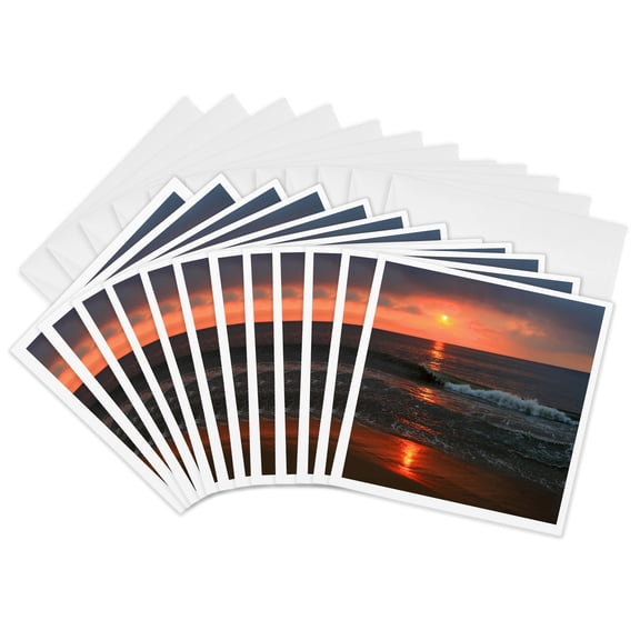 3drose, Image of Ocean Sunset Reflection with Reds and Oranges, Serene, 12 Greeting Cards with Envelopes