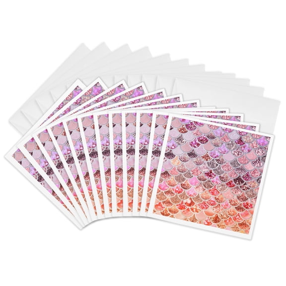 3drose, Image of Orange Rose Gold Shiny Luxury Elegant Mermaid Scales Glitter, 12 Greeting Cards with Envelopes