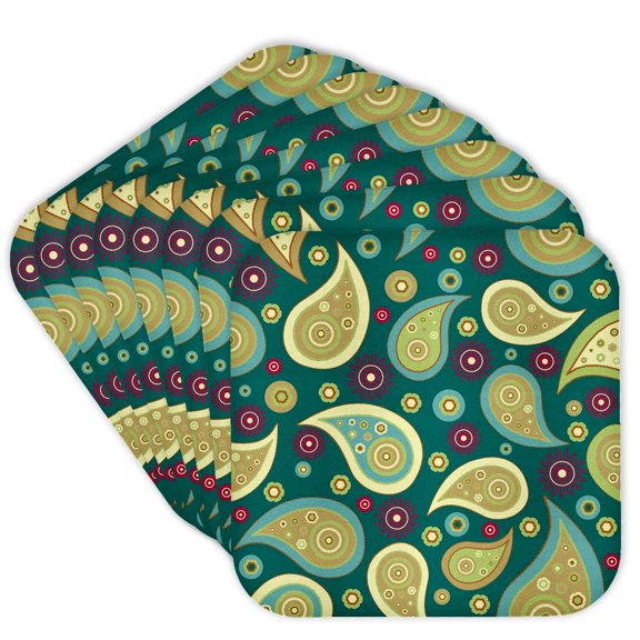 3drose, Image of Paisley Aqua Chartreuse on Teal Toss Pattern, Set of 8 Coasters - Cork