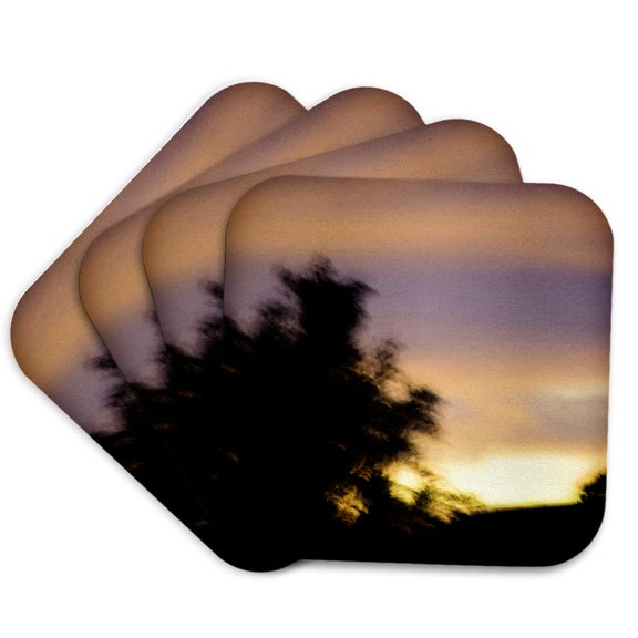 3drose, Image of Palm with Layers of Yellow and Violet Sky Abstract Blur, Set of 4 Coasters - Soft