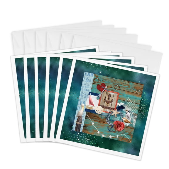 3drose, Image of Pelican, Bottle, Sand Dollar, Starfish, Sailboat Design, Blue, 6 Greeting Cards with Envelopes