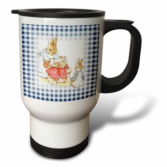 3drose, Image of Peter Rabbit Scene on Blue Checks, 14oz Stainless Steel Travel Mug