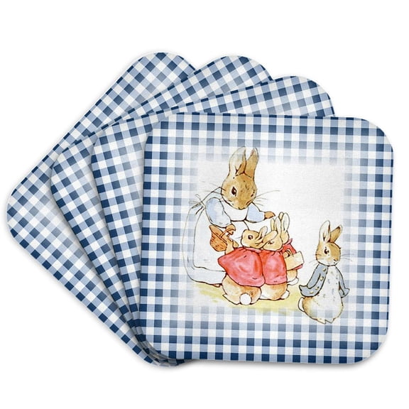 3drose, Image of Peter Rabbit Scene on Blue Checks, Set of 4 Coasters - Soft