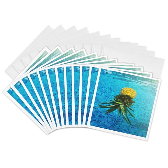 3drose, Image of Pineapple Floating in Pool, 12 Greeting Cards with Envelopes