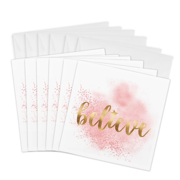 3drose, Image of Pink Glitz Gold Believe with Star, 6 Greeting Cards with Envelopes