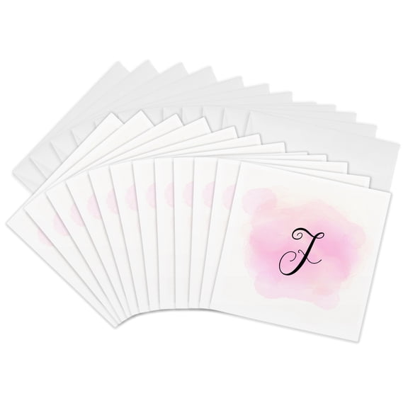 3drose, Image of Pink Watercolor F Monogram, 12 Greeting Cards with Envelopes