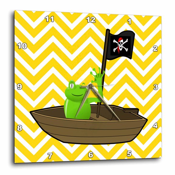 3drose, Image of Pirate Frog on Yellow Chevron Stripes, 10x10 Wall Clock