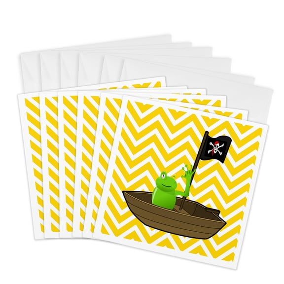3drose, Image of Pirate Frog on Yellow Chevron Stripes, 6 Greeting Cards with Envelopes