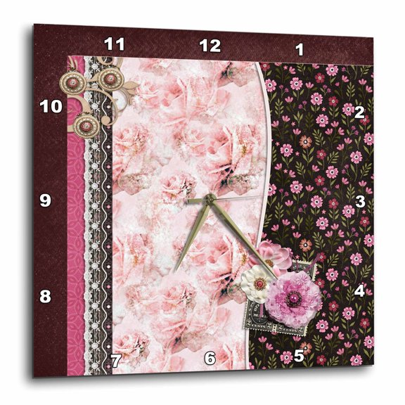 3drose, Image of Pretty Flora of Variety of Flowers, Lace, Gems, Pink, Maroon, 15x15 Wall Clock