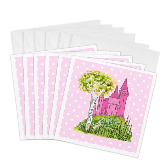 3drose, Image of Princess Castle with Tree on Pink Dots, 6 Greeting Cards with Envelopes