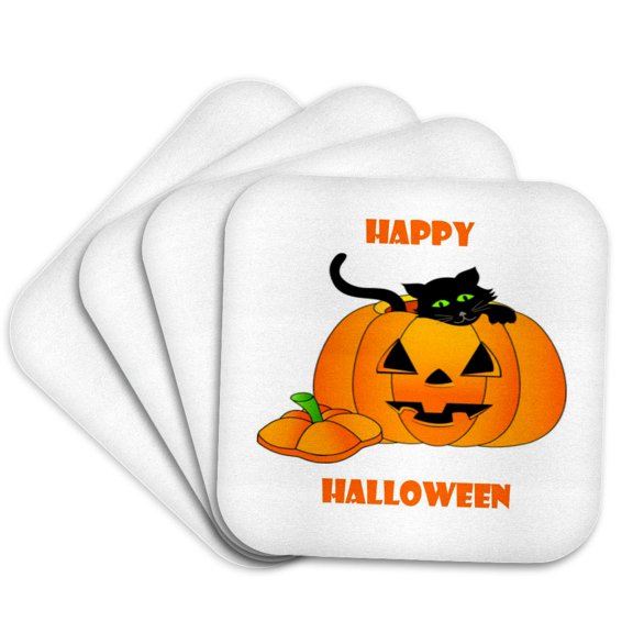 3drose, Image of Pumpkin with Black Kitten and Words Happy Halloween, Set of 4 Coasters - Soft