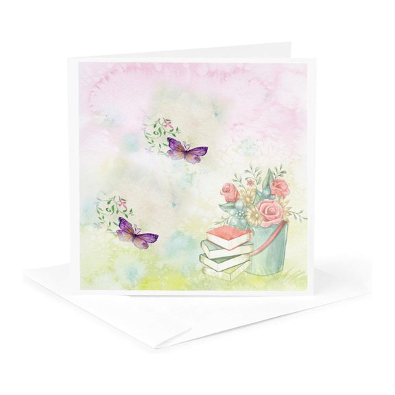 3drose, Image of Purple Butterflies Float Near Pail of Roses and Books, 1 Greeting Card with Envelope