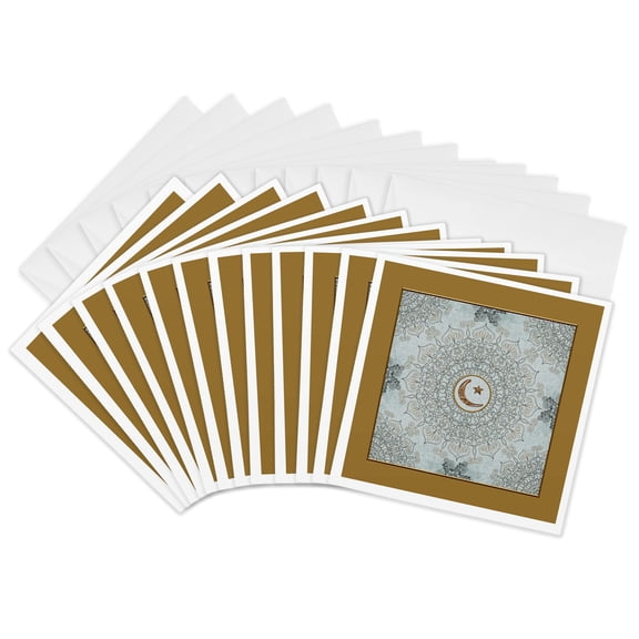3drose, Image of Ramadan Moon and Star on Islamic Design, Blue, Brown, Gold, 12 Greeting Cards with Envelopes