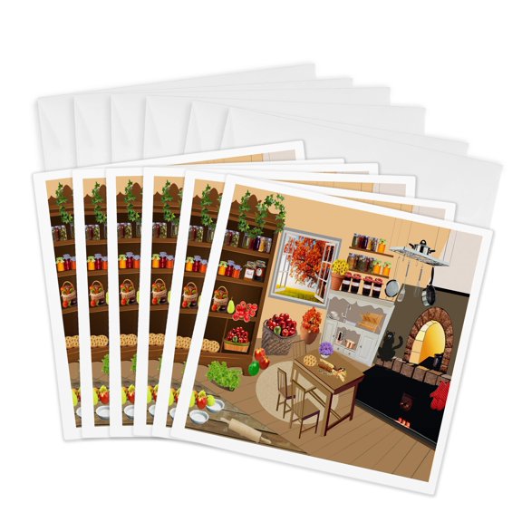 3drose, Image of Retro Kitchen with Mason Jars Cat and Foods, 6 Greeting Cards with Envelopes