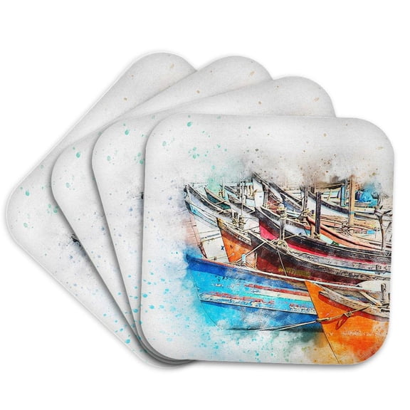 3drose, Image of Row of Fishing Boats Done in Watercolor Paint, Set of 4 Coasters - Soft
