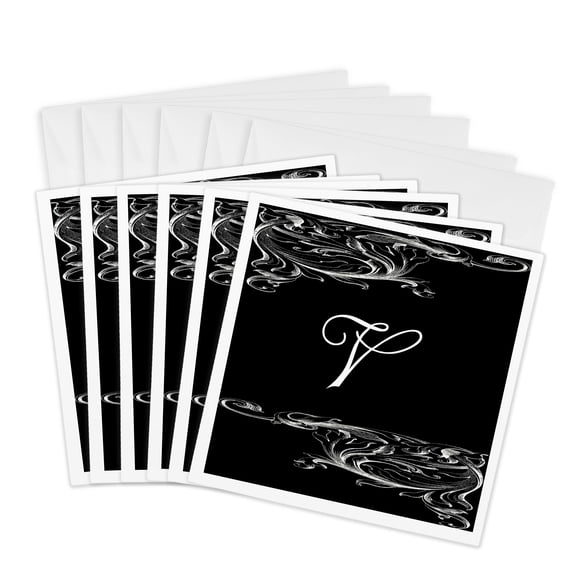 3drose, Image of Scrolly Victorian Style Letter V, 6 Greeting Cards with Envelopes