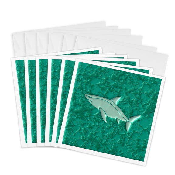 3drose, Image of Shark in White over Blue Green Background- Not Embossed, 6 Greeting Cards with Envelopes