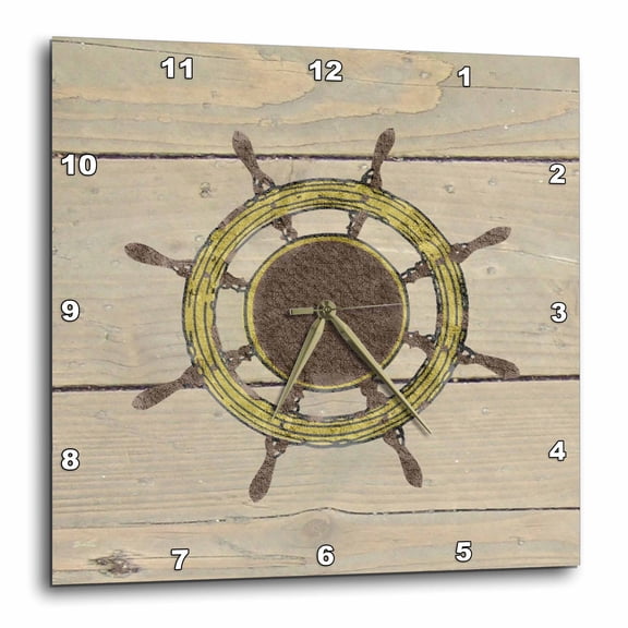 3drose, Image of Ships Wheel on Old Planks, 10x10 Wall Clock