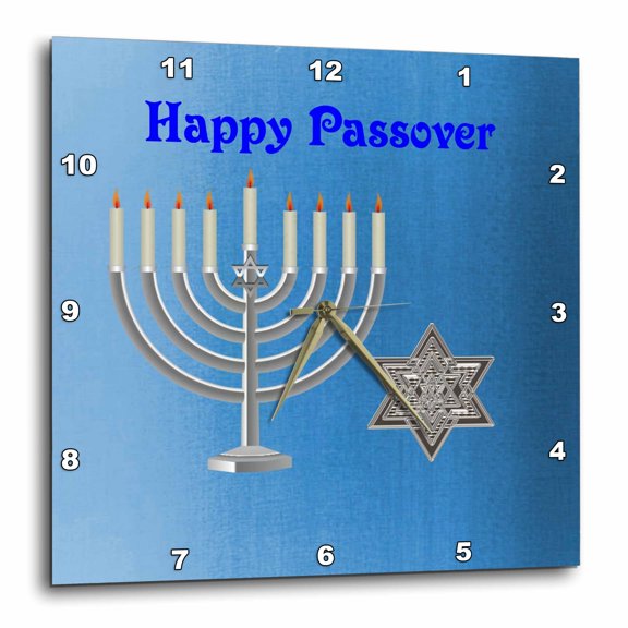 3drose, Image of Silver Menorah and Silver Star of David on Blue, 10x10 Wall Clock