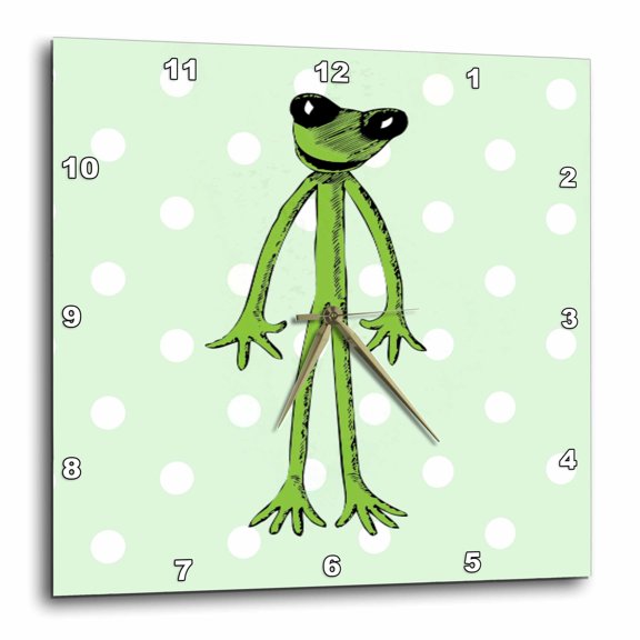 3drose, Image of Skinny Standing Frog on Green Dots, 13x13 Wall Clock