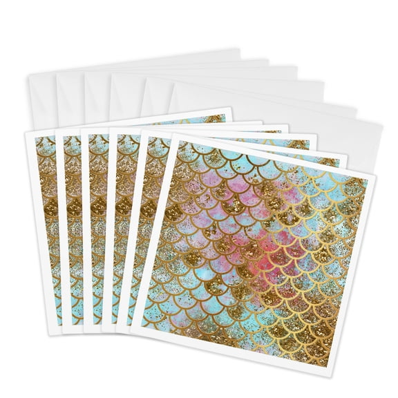 3drose, Image of Sparkling Pink Luxury Elegant Mermaid Scales Glitter Effect Art Print, 6 Greeting Cards with Envelopes