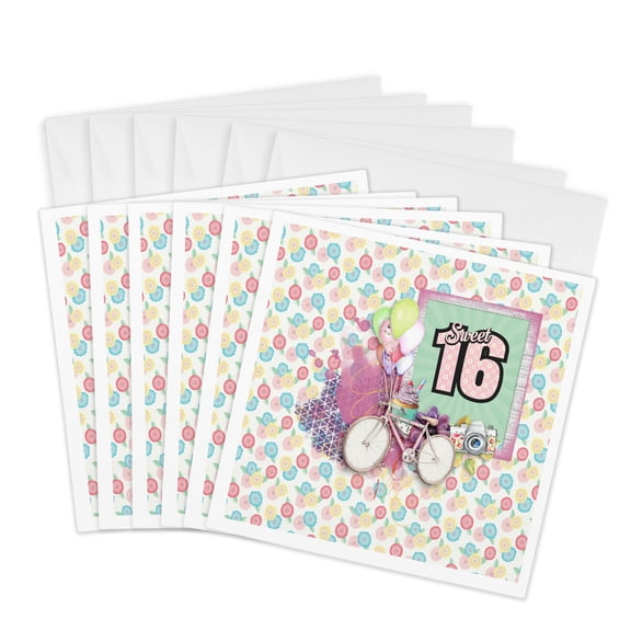 3drose, Image of Sweet Sixteen, Bike, Cupcake, Camera, Balloons, Flowers, Pink, 6 Greeting Cards with Envelopes