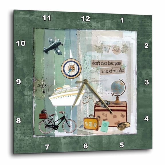 3drose, Image of Travel on Bike, Plane, Cruise Ship, Compass. Luggage, Trim, 10x10 Wall Clock