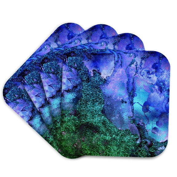 3drose, Image of Trendy Indigo Blue and Green Glitter Ink Metal Marble Agate, Set of 4 Coasters - Soft