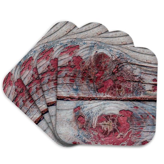 3drose, Image of Two Grunge Rough Wooden Planks, Three Knots, Old Red Paint, Set of 4 Coasters - Soft