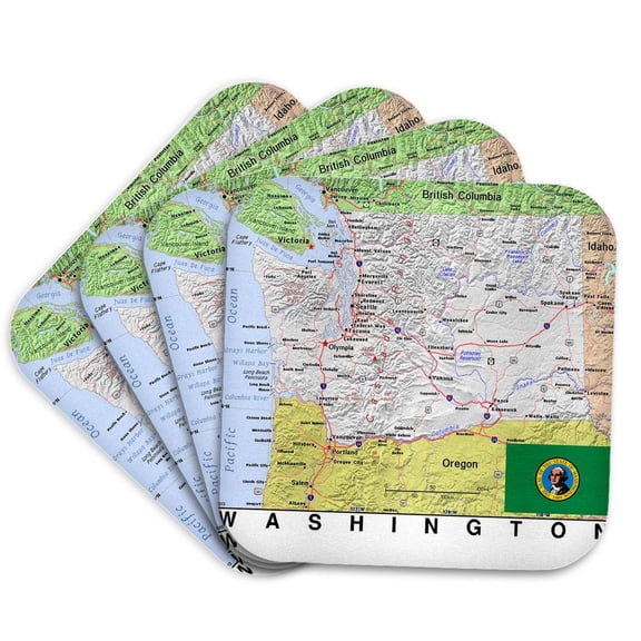 3drose, Image of Washington Topographic Map with Flag, Set of 4 Coasters - Soft