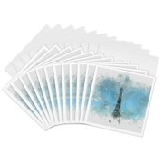 3drose, Image of Watercolor Eiffel Tower Paris France Art, 12 Greeting Cards with Envelopes