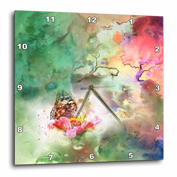3drose, Image of Watercolor Painting Green and Pink with Monarch, 15x15 Wall Clock