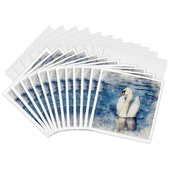 3drose, Image of Watercolor Pretty White Swan, 12 Greeting Cards with Envelopes