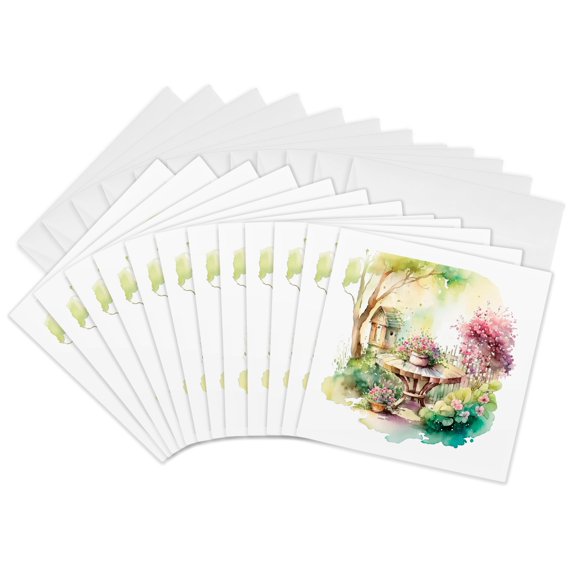 3drose, Image of Watercolor Spring Scene with Flowers and Table, 12 Greeting Cards with Envelopes