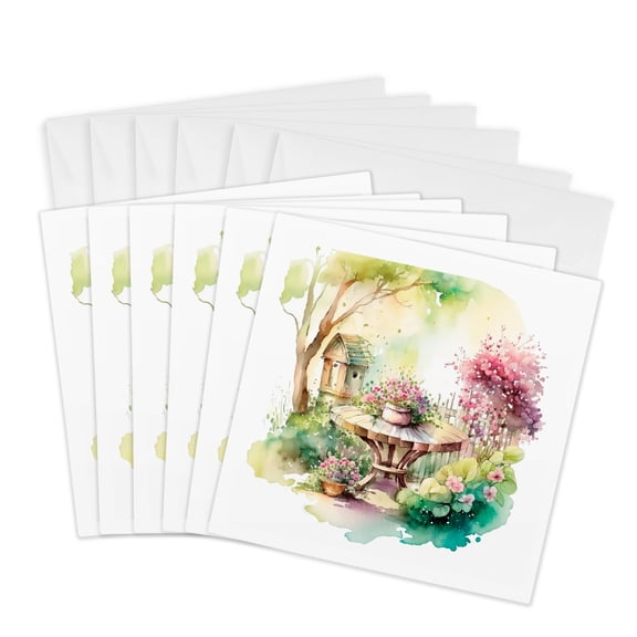 3drose, Image of Watercolor Spring Scene with Flowers and Table, 6 Greeting Cards with Envelopes