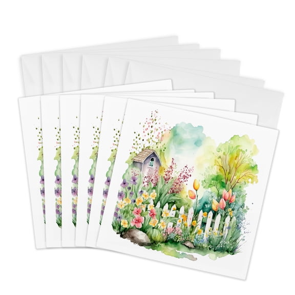 3drose, Image of Watercolor Spring Scene with a Fence and Flowers, 6 Greeting Cards with Envelopes
