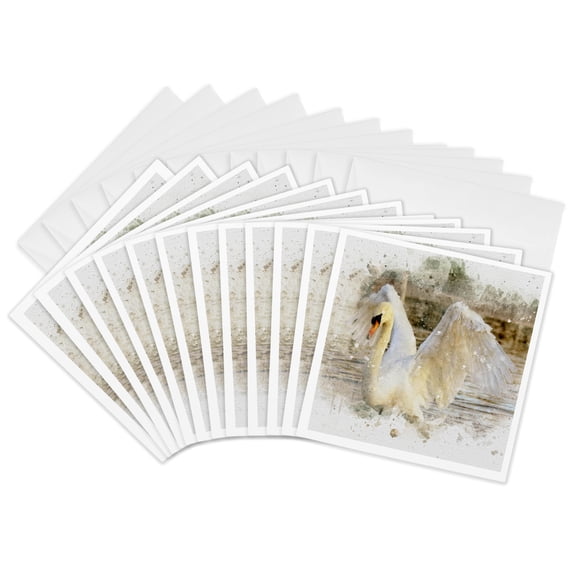 3drose, Image of Watercolor Swan Art, 12 Greeting Cards with Envelopes