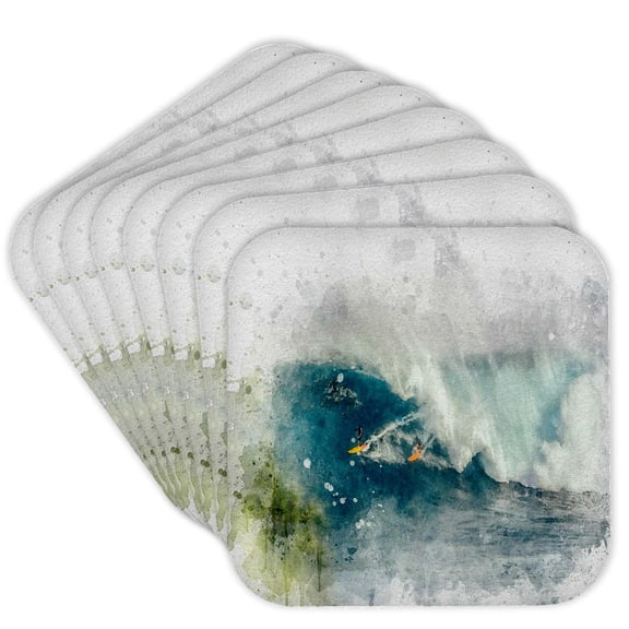 3drose, Image of Watercolor of Two Surfers Surfing a Big Wave Art, Set of 8 Coasters - Soft