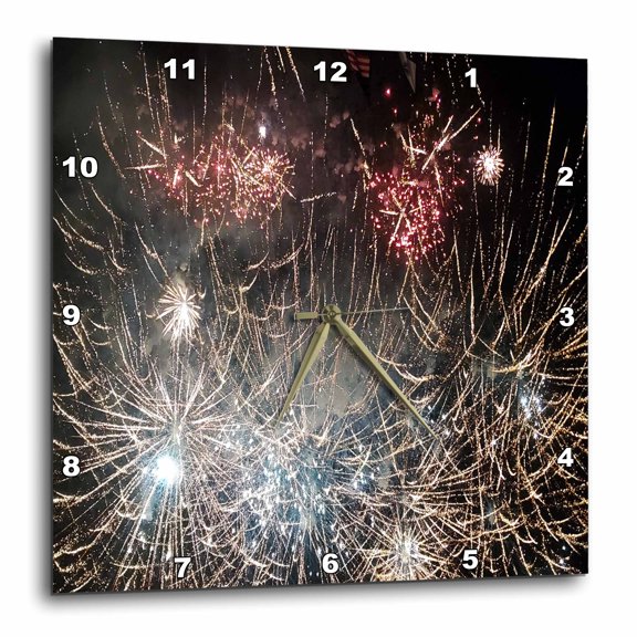 3drose, Image of White Gold and Pink Star Bursts Fireworks in Yearly Show, 10x10 Wall Clock