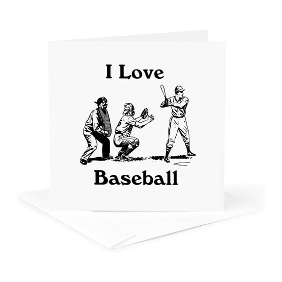 3drose, Image of Words I Love Baseball in Black and White Hitter Catcher, 1 Greeting Card with Envelope