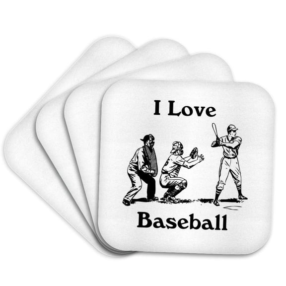 3drose, Image of Words I Love Baseball in Black and White Hitter Catcher, Set of 4 Coasters - Soft