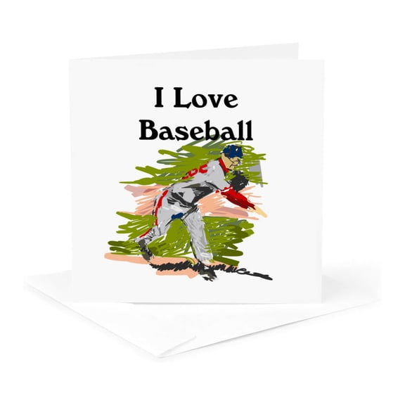 3drose, Image of Words I Love Baseball with Cartoon Pitcher, 1 Greeting Card with Envelope