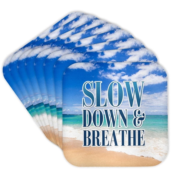 3drose, Image of Words Slow down and Breathe on Beach Background, Set of 8 Coasters - Cork
