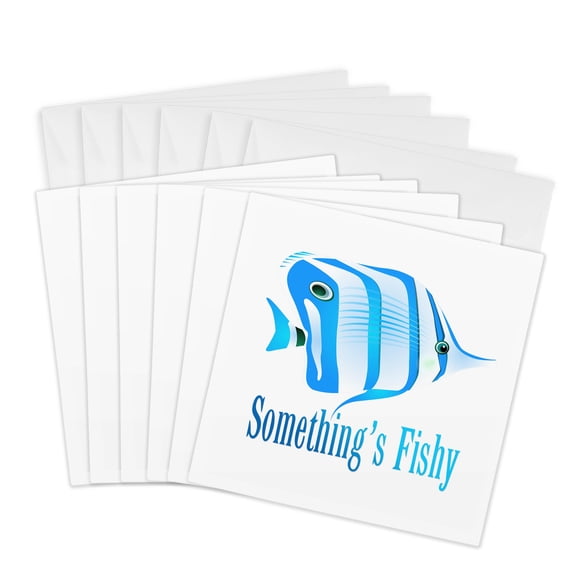3drose, Image of Words Somethings Fishy with Blue Fish Picture, 6 Greeting Cards with Envelopes