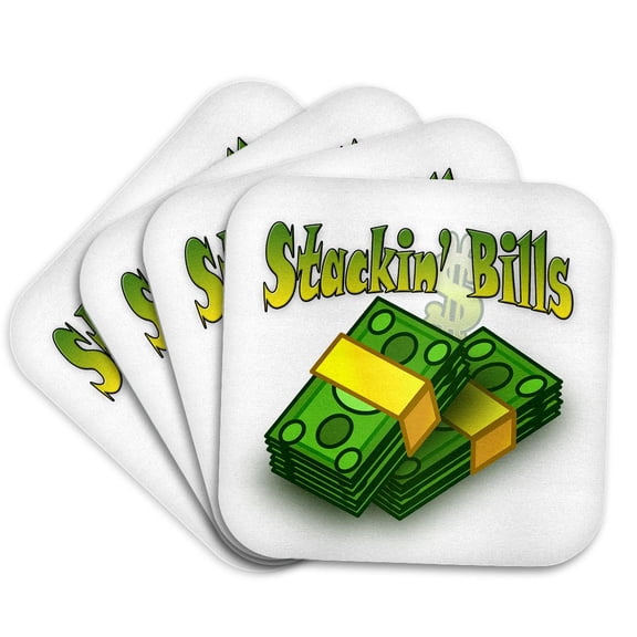 3drose, Image of Words Stackin Bills with Money Picture, Set of 4 Coasters - Cork