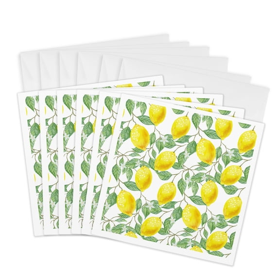 3drose, Image of Yellow Lemons, Green Leaves on White. Citrus Fruits Pattern, 6 Greeting Cards with Envelopes