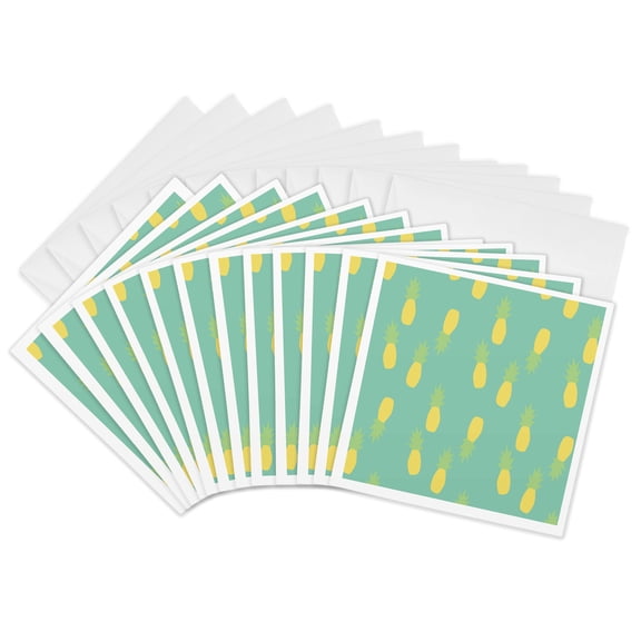 3drose, Image of Yellow Pineapples on Aqua Background, 12 Greeting Cards with Envelopes