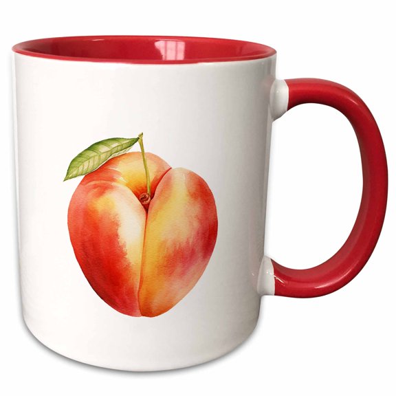 3drose, Image of a Beautiful Peach Fruit with Green Leaf Cool Kitchen Gift, 11oz Two-tone Red Mug